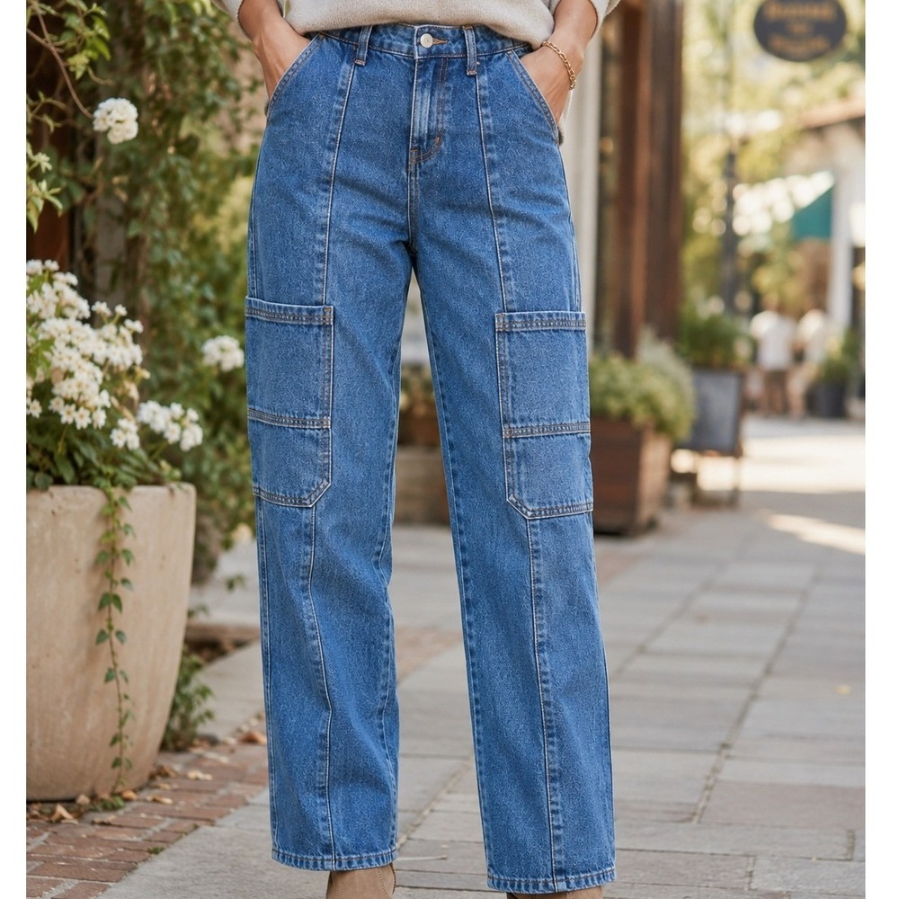 BP Womens Carpenter Jeans‎ Medium Wash Blue Utility Straight Leg Size 28 ankle